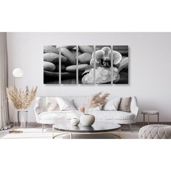 5-dielny obraz wellness zátišie s morskou soľou v čiernobielom prevedení
