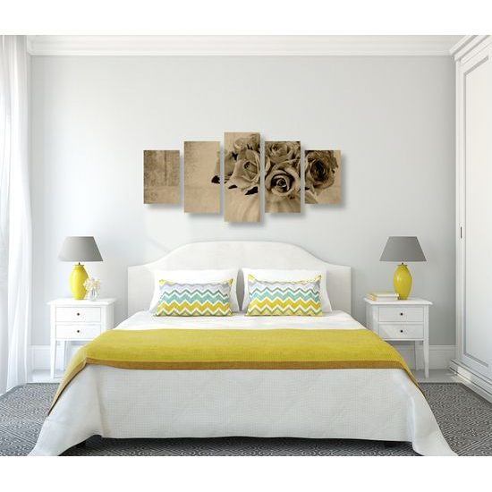 5-dielny obraz malé ružičky v sépiovom prevedení