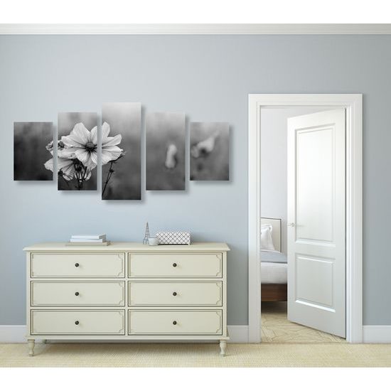 5-dielny obraz kvitnúce lúčne kvety v čiernobielom prevedení
