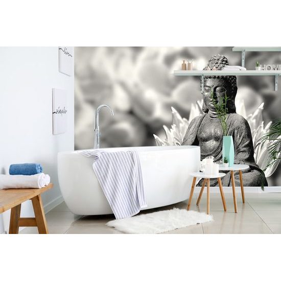 Samolepiaca fototapeta socha Budhu v čiernobielom prevedení