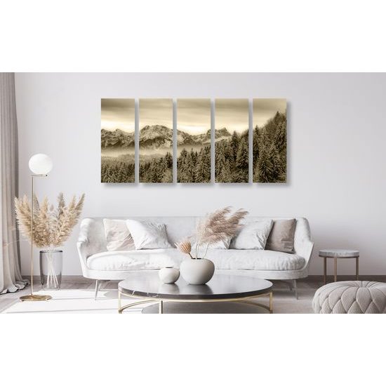 5-dielny obraz zamrznutý les v sépiovom prevedení