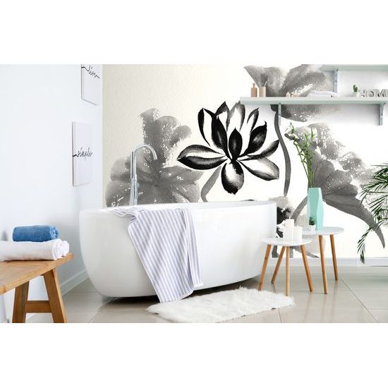 Samolepiaca tapeta čiernobiely lotosový kvet v akvarelovom prevedení