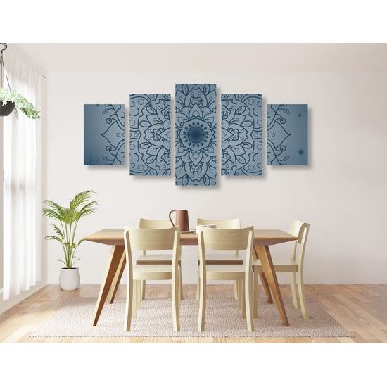 5-dielny obraz tmavomodrá Mandala na šedom pozadí