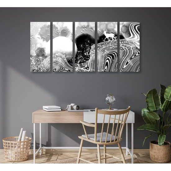 5-dielny obraz abstrakcia prírody v čiernobielom prevedení