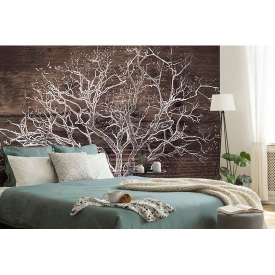 Tapeta majestátna koruna stromu na drevenom pozadí