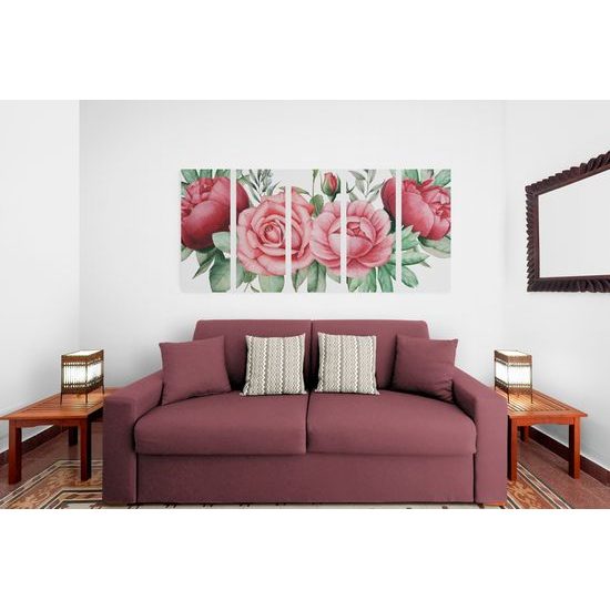 5-dielny obraz nežné splynutie ruží a listov