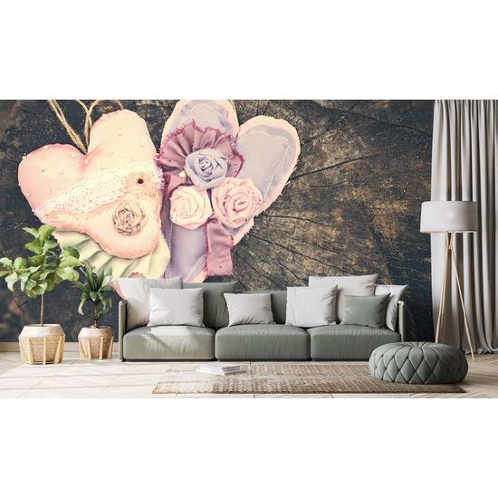 Samolepiaca fototapeta ručne vytvorené srdiečka na dreve