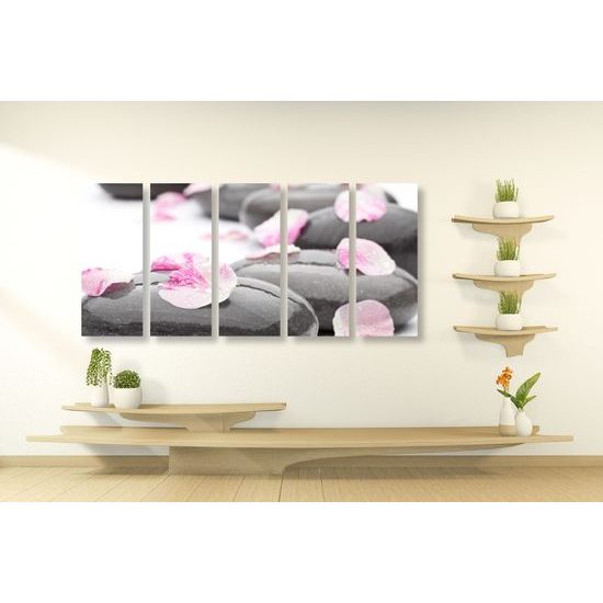 5-dielny obraz zen kamene s lupeňami kvetu