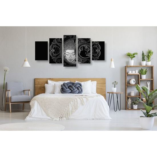 5-dielny obraz vyrovnaný Budha v čiernobielom prevedení