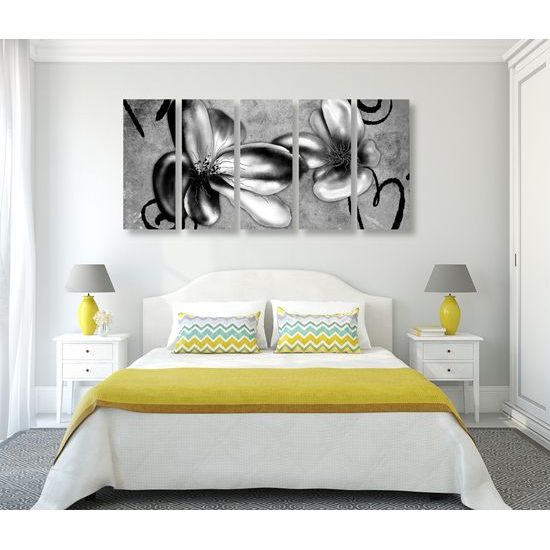 5-dielny obraz čiernobiele umelecké kvety vo vintage prevedení