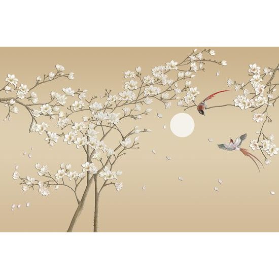 Nádherná samolepiaca tapeta konár stromu s vtáčikmi