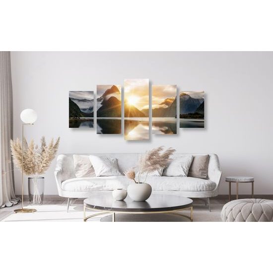 5-dielny obraz dychberúci východ slnka na Novom Zélande