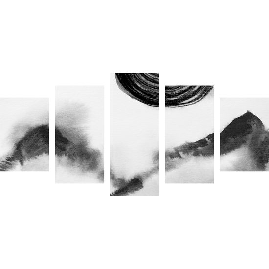 5-dielny obraz japonská abstrakcia hôr v čiernobielom prevedení