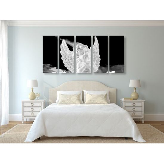 5-dielny obraz anjel na oblohe v čiernobielom prevedení