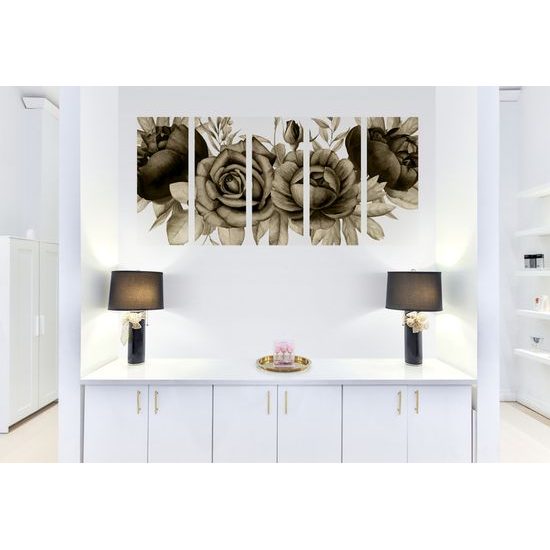 5-dielny obraz nežné splynutie ruží a listov v sépiovom prevedení