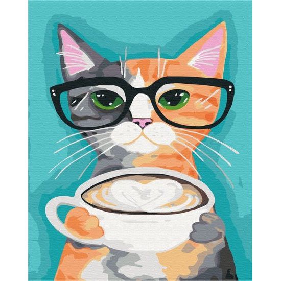 Maľovanie podľa čísiel mačka s veľkou šálkou kávy