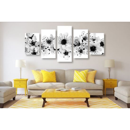 5-dielny obraz kvety čerešne na bielom pozadí v čiernobielom prevedení