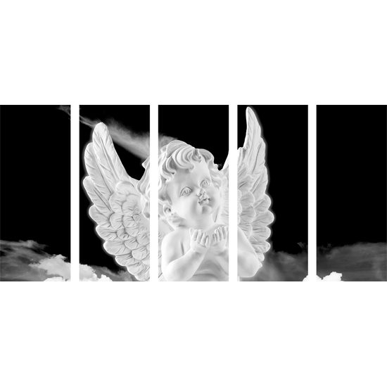 5-dielny obraz anjel na oblohe v čiernobielom prevedení