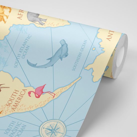 Samolepiaca tapeta kreslená mapa sveta s zvieratami