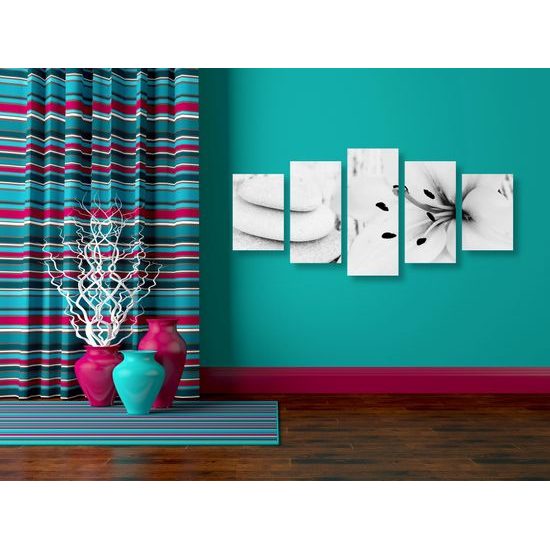 5-dielny obraz Feng Shui zátišie v čiernobielom prevedení