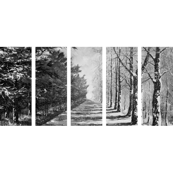 5-dielny obraz zasnežená alej v čiernobielom prevedení