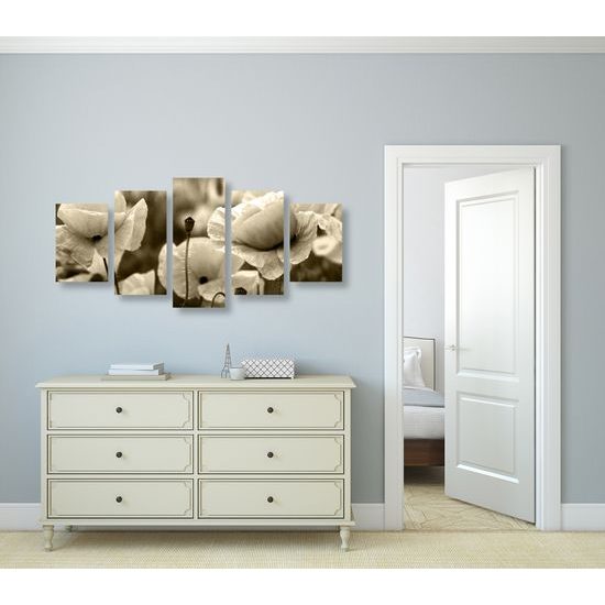 5-dielny obraz jedinečné divé maky v sépiovom prevedení