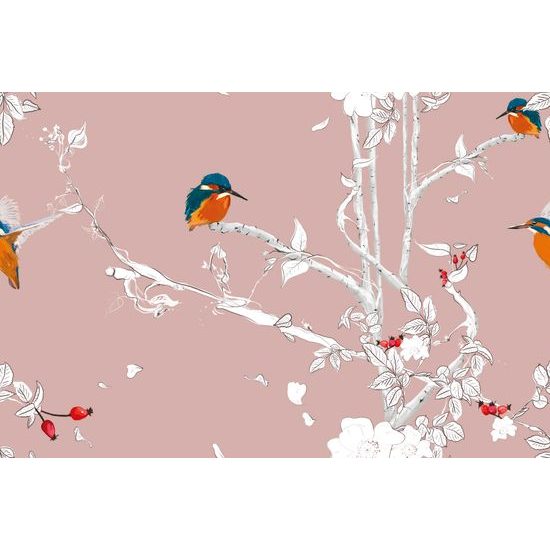 Samolepiaca tapeta vtáčiky v šípkových kríkoch na ružovom pozadí