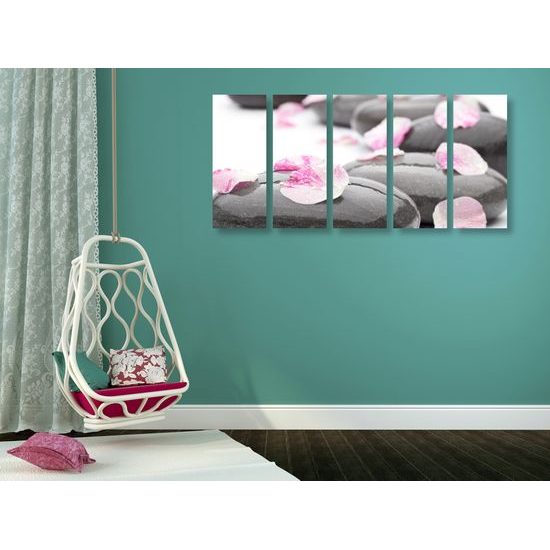 5-dielny obraz zen kamene s lupeňami kvetu