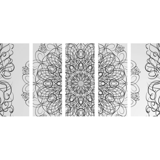 5-dielny obraz jemná kvetinová Mandala v čiernobielom prevedení