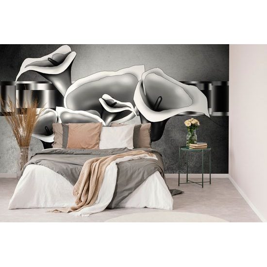 Samolepiaca tapeta pôvabné etno kvety kaly v čiernobielom prevedení