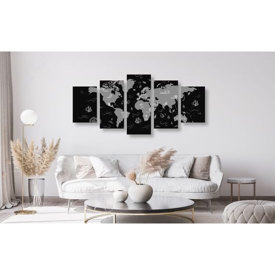 5-dielny obraz dobrodrúžna mapa sveta v čiernobielom prevedení