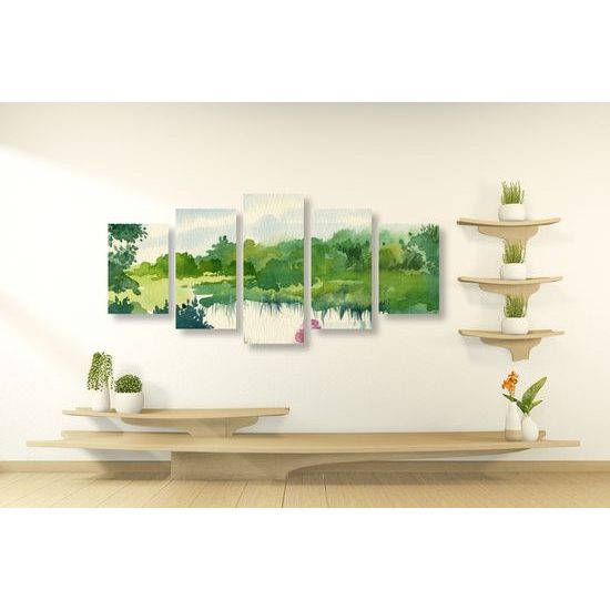 5-dielny obraz akvarelová ukľudňujúca zeleň