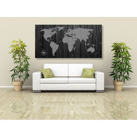 Obraz čiernobiela mapa sveta na dreve v luxusnom prevedení