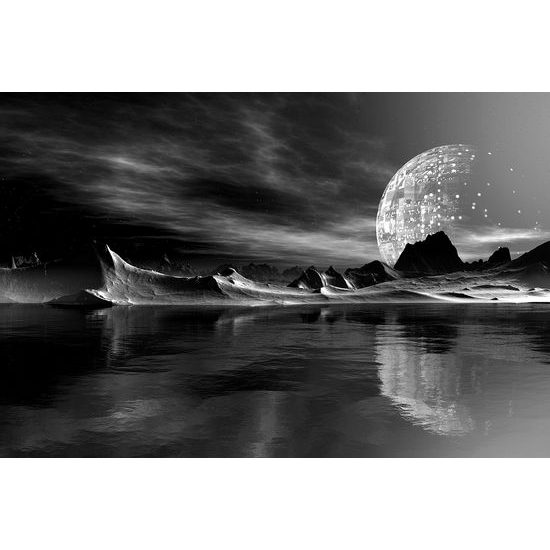 Samolepiaca tapeta krajina budúcnosti v čiernobielom prevedení