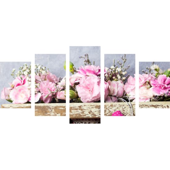 5-dielny obraz kvety karafiátu a ružové srdiečko