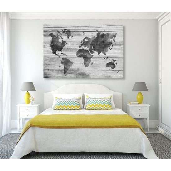 Obraz čiernobiela mapa sveta na dreve