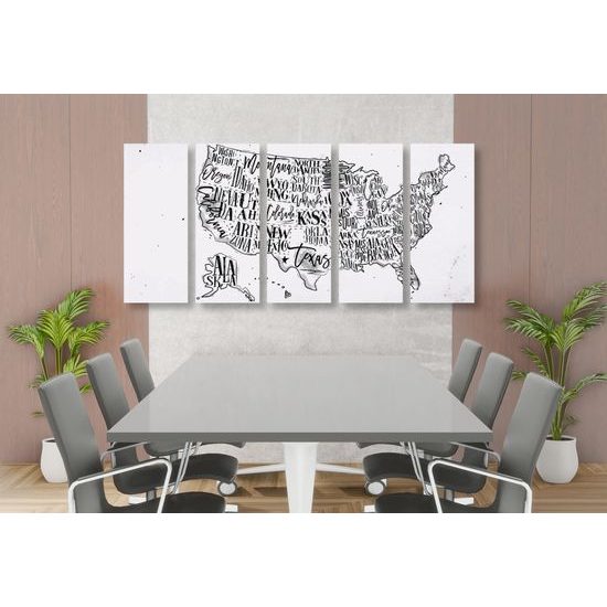 5-dielny obraz zaujímavá mapa USA v čiernobielom prevedení