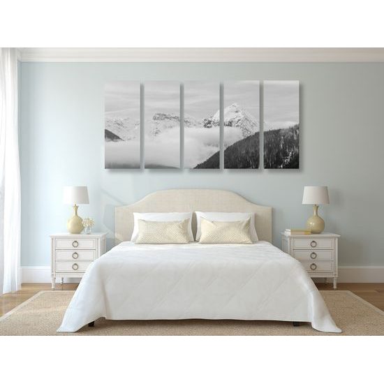 5-dielny obraz pohľad na zasnežené kopce v čiernobielom prevedení