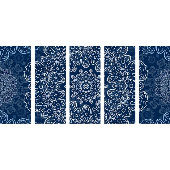 5-dielny Obraz snehobiela Mandala s tmavo-modrým pozadím