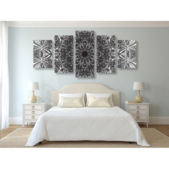 5-dielny obraz Mandala v čiernobielom prevedení