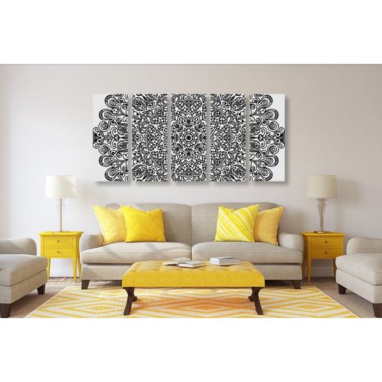 5-dielny obraz čiernobiela Mandala v štýle kvetov