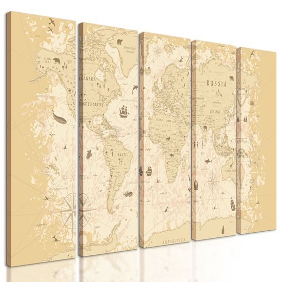 5-dielny obraz mapa sveta s historickým nádychom