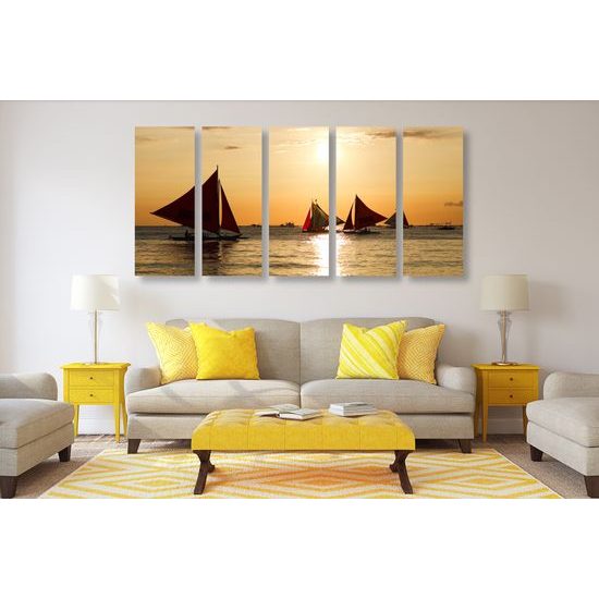 5-dielny obraz plachetnice pri západe slnka
