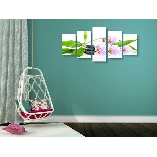 5-dielny obraz ukľudňujúce Zen zátišie s kvetmi orchidei