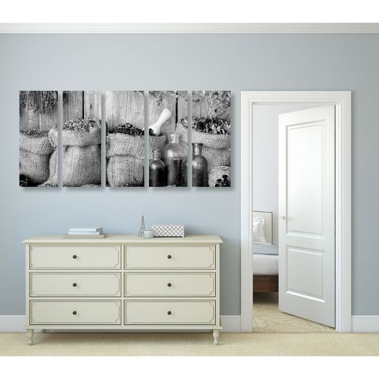 5-dielny obraz poľné bylinky v čiernobielom prevedení