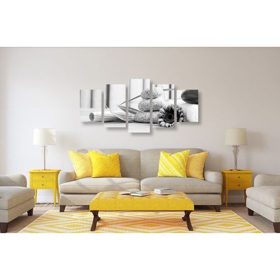 5-dielny obraz zátišie s prvkami Feng Shui v čiernobielom prevedení