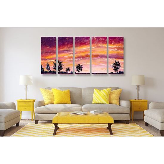 5-dielny obraz maľba zapádajúceho slnka za pole