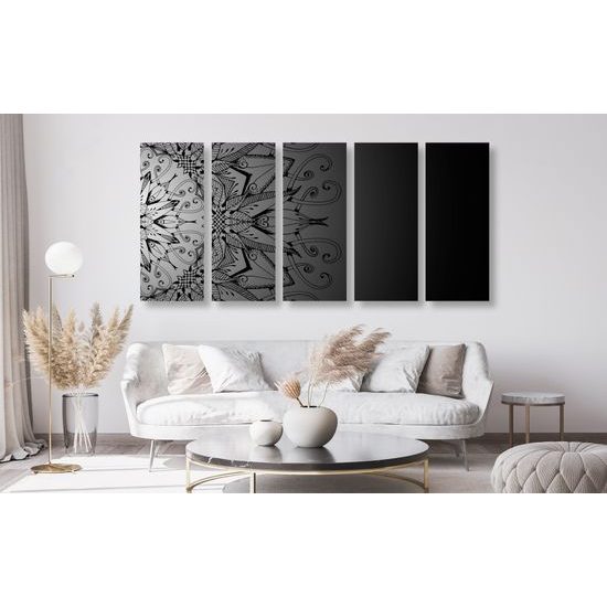 5-dielny obraz zaujímavá Mandala v čiernobielych farbách