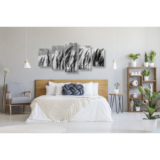 5-dielny obraz poľná tráva s nebeským pozadím v čiernobielom prevedení