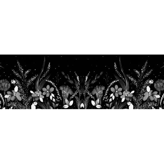 Obraz lúka plná kvetov v čiernobielom prevedení